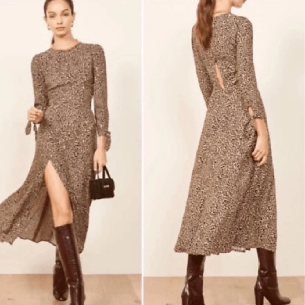 Reformation Animal Print Dress 3/4 Sleeve W/Ties Front Slit SZ 12 fits like a 10 - Picture 3 of 16